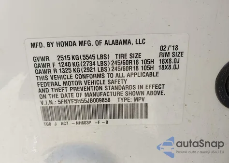 2018 Honda Pilot Ex-L z USA, uszkodzony, nr VIN 5FNYF5H55JB009858